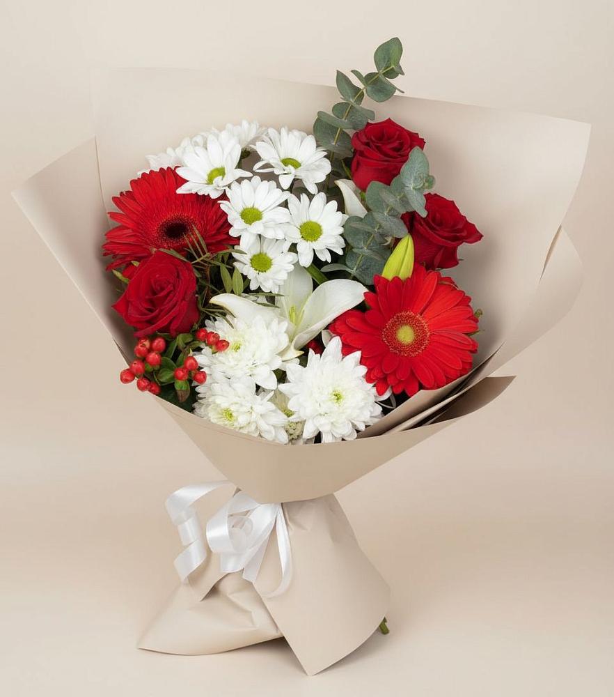 Букет цветов из: Розы, Хризантемы, Герберы и Лилии в Обильном